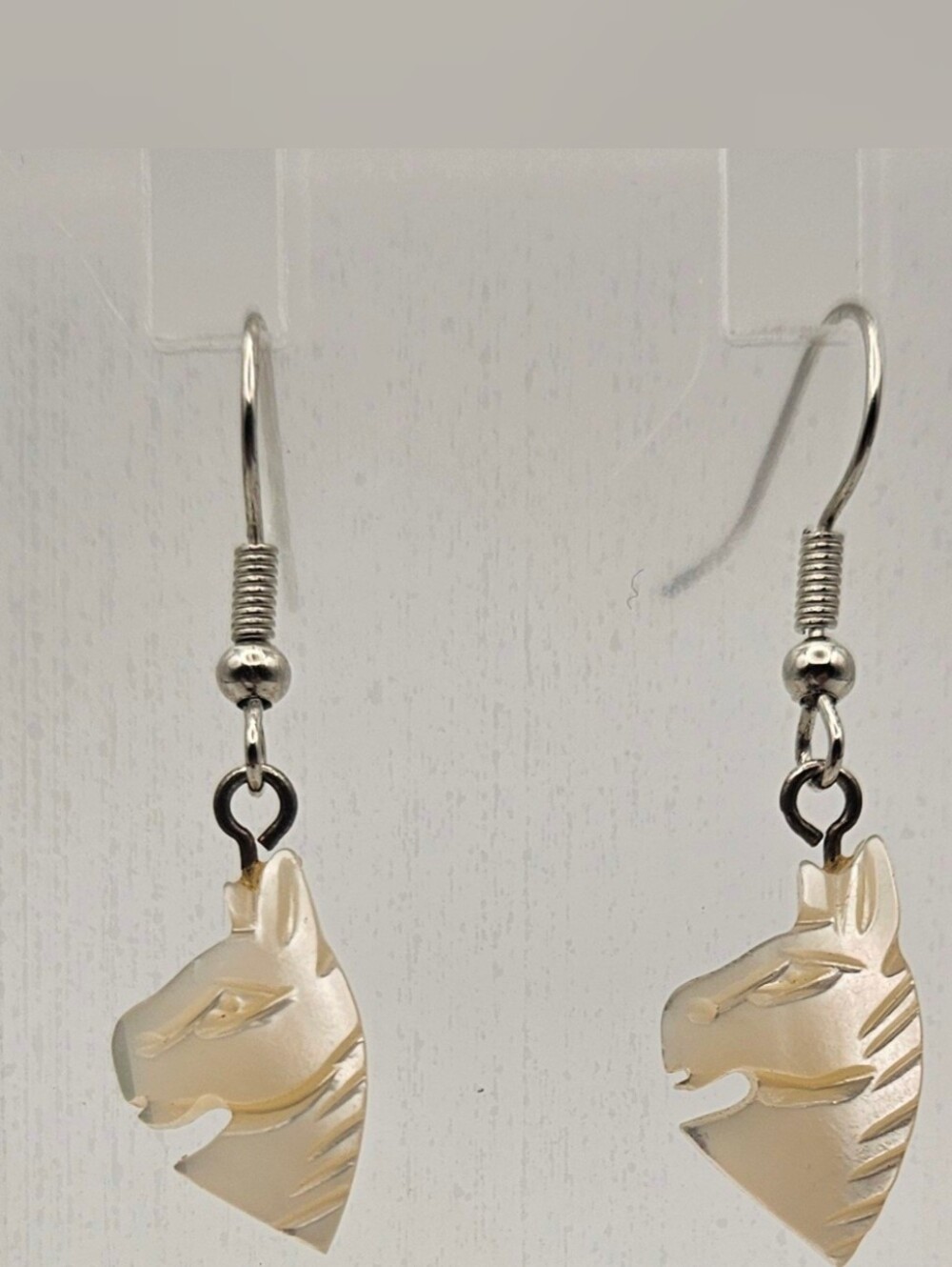 Vintage Carved Mother of Pearl Horse Head Dangle Earrings